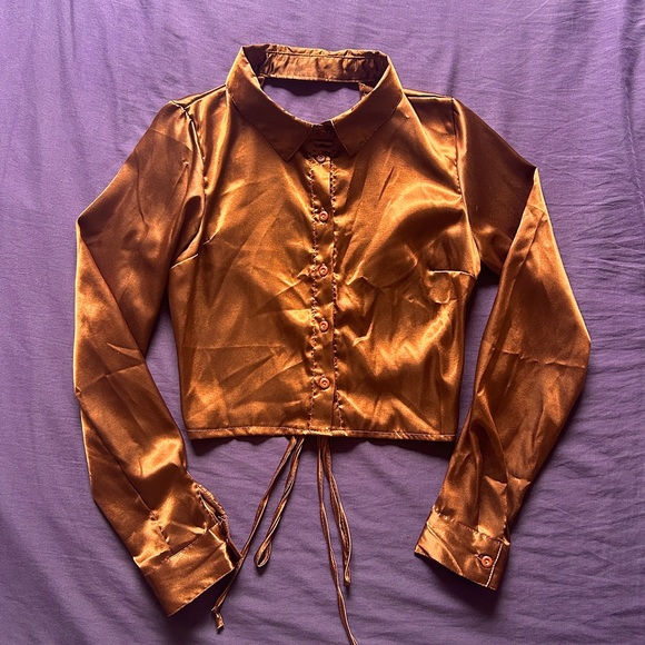 Streetwear Society Brown Satin Button Up Crop Top - Picture 3 of 6